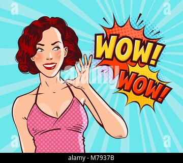 Schöne Mädchen oder junge Frau in Freude. Pop Art retro Comic Stil. Cartoon Vector Illustration Stock Vektor