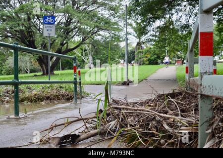 Schutt liegt über ein Fußweg nach Stürme und heftige Regenfälle und Überschwemmungen, in der Nähe von Aplins Wehr, Townsville, Queensland, Australien Stockfoto