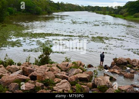 Mann angeln in Ross River wie Wasserkaskaden über Aplins Wehr nach Stürmen und Starkregen, Aplins Wehr, Townsville, Queensland, Australien Stockfoto