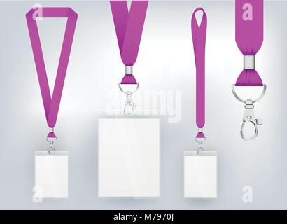Lanyard Design, realistische Abbildung. Id-Karte mit Band. Metallverschluss und Karte mit Kunststoff. Akkreditierung für Veranstaltungen, Tagungen, Messe Stock Vektor