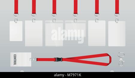Satz von Lanyards mit Etiketten von unterschiedlichen Formaten. Lanyards für die Zugangskontrolle, die Sicherheit oder die Identifikation. Abbildung: Lanyards mit Metallverschluss Stock Vektor
