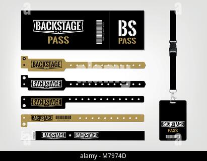 Modell der verschiedenen access control Designs. Geeignet für Veranstaltungen, Konzerte, Partys, Festivals und private Bereiche. Armbänder, Ticket und Lanyards. Design Stock Vektor