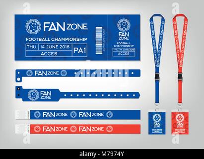 Mockup von verschiedenen access control Designs. Armbänder, Ticket und Lanyards. Design für die Fan Zone Fußball-Event. Vektor Vorlage. Stock Vektor