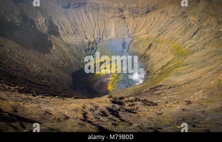 Krater innerhalb des aktiven Vulkan Mount Bromo Tengger Semeru am Nationalpark in Ostjava, Indonesien. Stockfoto