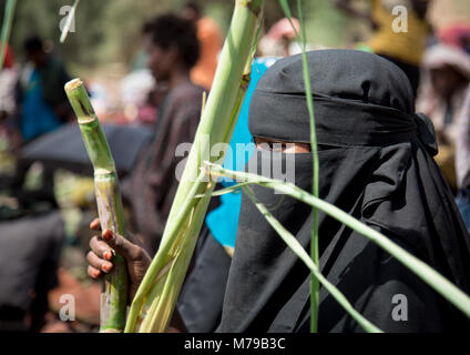 Eine Frau mit einer Burka Verkauf zuckerrohre auf einem Markt Tag, Oromo, Sambate, Äthiopien Stockfoto