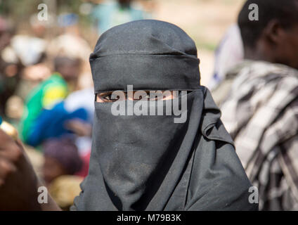 Eine Frau mit einer Burka Verkauf zuckerrohre auf einem Markt Tag, Oromo, Sambate, Äthiopien Stockfoto