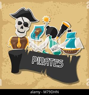 Hintergrund Am Piratenthema mit Aufklebern und Objekte Stock Vektor
