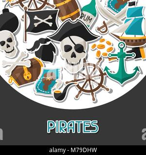Hintergrund Am Piratenthema mit Aufklebern und Objekte Stock Vektor