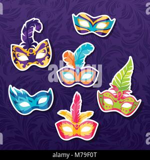 Einstellen der Feier festival Karneval Masken Aufkleber Stock Vektor