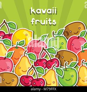 Hintergrund mit niedlichen Kawaii lächelnd Früchte Aufkleber Stock Vektor
