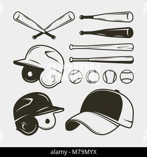 Satz von baseball Ausrüstung und Gang.bat, Helm, Mütze, Kugeln. Vector Illustration Stock Vektor