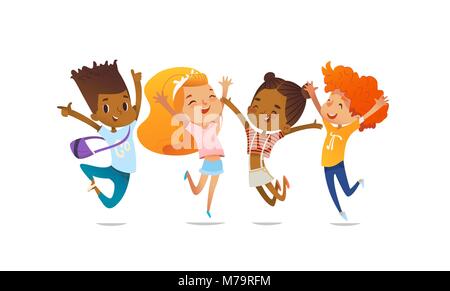 Freudige Schule Freunde glücklich springen mit ihren Händen gegen die violetten Hintergrund. Konzept der wahre Freundschaft und freundliche Begegnung. Vector Illustration für Website Banner, Poster, Flyer, Einladung. Stock Vektor