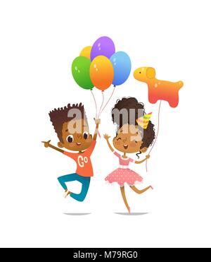 Freudige Afrikaner - Jungen und Mädchen mit den Ballons und Geburtstag hat glücklich mit ihren Händen springen. Vector Illustration für Geburtstag party Flyer, Website Banner, Poster, Plakat, Einladung. Isoliert. Stock Vektor