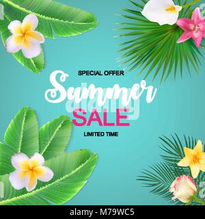 Summer Sale Cute Hintergrund mit Blumen. Vector Illustration Stock Vektor