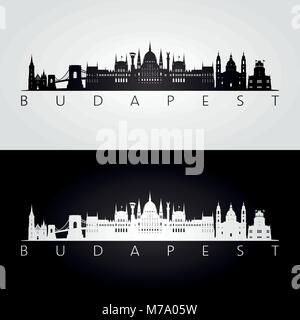 Skyline von Budapest und Sehenswürdigkeiten Silhouette, schwarz-weißes Design, Vektor, Abbildung. Stock Vektor