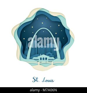 Papier Kunst von St. Louis. Origami Konzept. Nacht Stadt mit Sternen. Vector Illustration. Stock Vektor