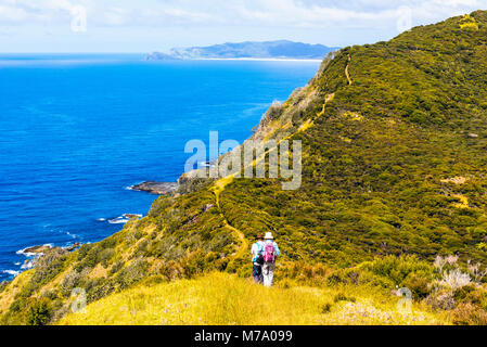 Die Spaziergänger auf die Küste östlich von Tapotupotu Bay, in der Nähe von Cape Reinga, North Island, Neuseeland mit Blick Richtung Ngataea oder Hooper Punkt Stockfoto