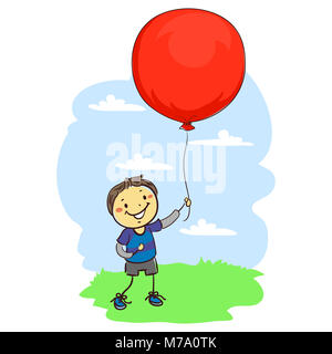 Abbildung: Stick Kid Boy Holding einen großen roten Ballon Stockfoto