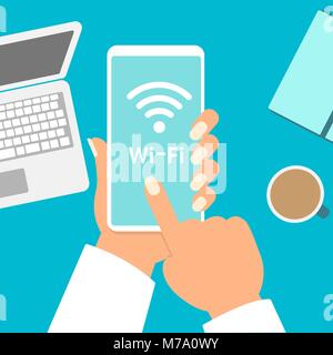 Hand Smartphone mit WLAN auf dem Bildschirm. Auf dem Desktop, Notepad, Kaffee Tasse. Die Aussicht von oben. Vector Illustration. Stock Vektor