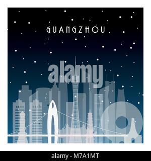 Winternacht in Guangzhou. Nacht Stadt im flachen Stil für Banner, Poster, Illustration, Hintergrund. Stock Vektor