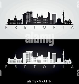 Pretoria Skyline und Sehenswürdigkeiten Silhouette, schwarz-weißes Design, Vektor, Abbildung. Stock Vektor