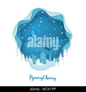 PyeongChang im Schnee. Papier City Stil. Vector Illustration. Stock Vektor