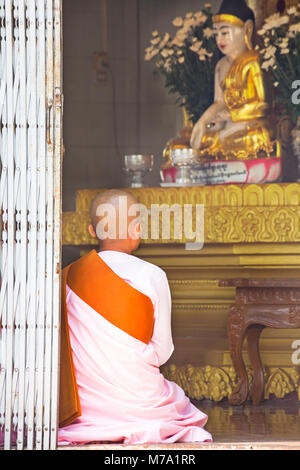 Buddhistische Nonne von Buddha Statue beten an Thetkya Thidar Nonnenkloster, Sakyadhita Thilashin Nonnenkloster Schule, Sagaing, Myanmar (Burma), Asien im Februar Stockfoto