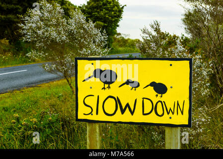 Kiwi Warnschild an Waire Straße nahe Kerikeri, North Island, Neuseeland Stockfoto