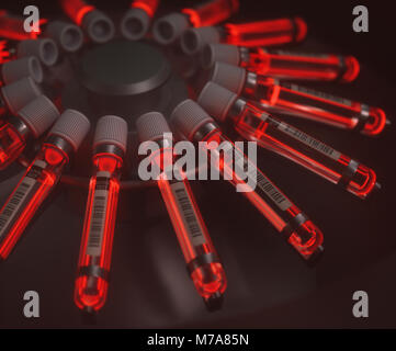 Zentrifuge Maschine mit Durchstechflaschen mit roter Flüssigkeit, Illustration. Stockfoto