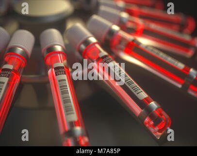 Zentrifuge Maschine mit Durchstechflaschen mit roter Flüssigkeit, Illustration. Stockfoto