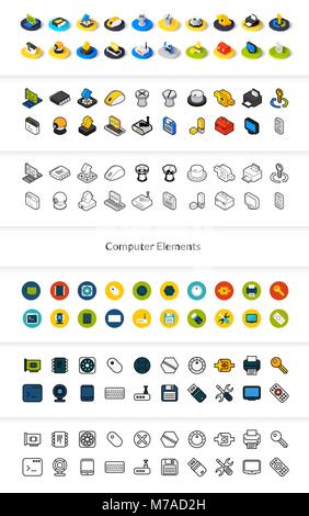 Reihe von Icons in verschiedenen Style - isometrische flach und Otline, farbigen und schwarzen Versionen, Vektor Symbole - Computer Collection Stock Vektor