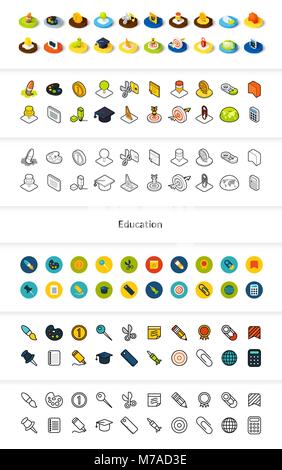 Reihe von Icons in verschiedenen Style - isometrische flach und Otline, farbigen und schwarzen Versionen, Vektor Symbole - Bildung Sammlung Stock Vektor