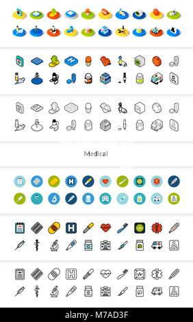 Reihe von Icons in verschiedenen Style - isometrische flach und Otline, farbigen und schwarzen Versionen, Vektor Symbole - Medizinische Sammlung Stock Vektor