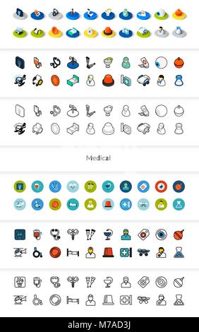 Reihe von Icons in verschiedenen Style - isometrische flach und Otline, farbigen und schwarzen Versionen, Vektor Symbole - Medizinische Sammlung Stock Vektor