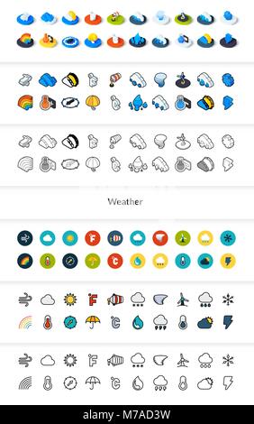 Reihe von Icons in verschiedenen Style - isometrische flach und Otline, farbigen und schwarzen Versionen, Vektor Symbole - Wetter Sammlung Stock Vektor