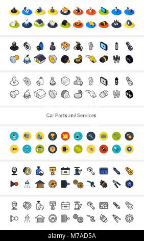 Reihe von Icons in verschiedenen Style - isometrische flach und Otline, farbigen und schwarzen Versionen, Vektor Symbole - Auto Teile und Dienstleistungen Sammlung Stock Vektor