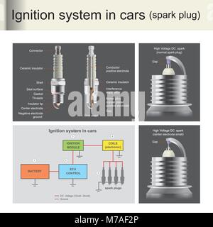 Zündkerzen werden verwendet, um den Motor, Zündung, Kontrolle durch Computer unit Zündkerzen sind wichtig für Motoren, Benzin verwenden. Abbildung: Infos Grafik Stock Vektor