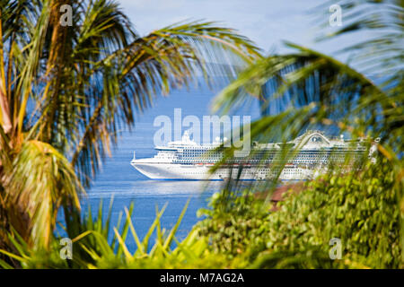 Ein Blick durch Palm Blätter von Norwegian Cruise Line, die Golden Princess, vor Lahaina, Maui, Hawaii verankern. Stockfoto