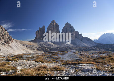 Drei Zinnen in den Sextener Dolomiten, Südtirol, Norditalien, Italien, Stockfoto