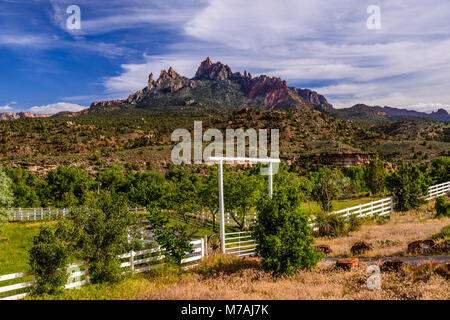 Die USA, Utah, Washington County, Springdale, Zion National Park, Ranch in die majestätische Aussicht Stockfoto