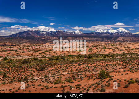 Die USA, Utah, Grand County, Moab, Arches National Park, Petrified Dunes in Richtung La Sal Mountains Stockfoto