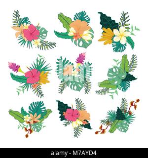 Verschiedene Hand gezeichnet tropische Blume Laub Composite Vector Symbol Graphic Design Collection Set Stock Vektor