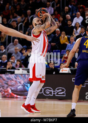 Barcelona, Spanien. 9 Mär, 2018. Pero Antic, #12 von Crvena Zvezda mts Belgrad in Aktion während der 2017/2018 Turkish Airlines EuroLeague Saison Runde 25 Spiel zwischen dem FC Barcelona Lassa und Crvena Zvezda mts Belgrad Palau Blaugrana am 9. März in Barcelona, Spanien 2018. Credit: UKKO Images/Alamy leben Nachrichten Stockfoto