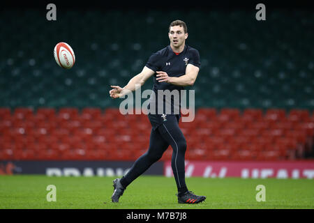 Cardiff, Großbritannien. 10 Mär, 2018. George North, die Wales Rugby Spieler während des Wales Rugby Team Training Kapitäne laufen Session im Fürstentum Stadium in Cardiff, South Wales am Samstag, den 10. März 2018. Das Team bereitet sich auf Ihre nächste Natwest 6 Nationen 2018 WM-Spiel gegen Italien morgen. pic von Andrew Obstgarten/Alamy leben Nachrichten Stockfoto