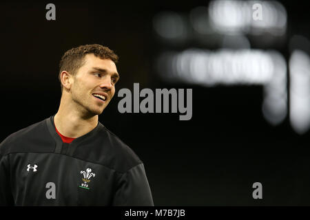 Cardiff, Großbritannien. 10 Mär, 2018. George North, die Wales Rugby Spieler während des Wales Rugby Team Training Kapitäne laufen Session im Fürstentum Stadium in Cardiff, South Wales am Samstag, den 10. März 2018. Das Team bereitet sich auf Ihre nächste Natwest 6 Nationen 2018 WM-Spiel gegen Italien morgen. pic von Andrew Obstgarten/Alamy leben Nachrichten Stockfoto