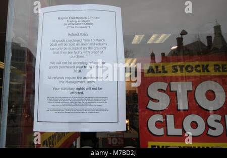 Sheffield, South Yorkshire, UK. 10. März 2018. Maplin store in Sheffield zu schließen. Credit: Alamy leben Nachrichten Stockfoto