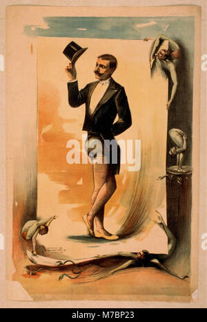 Ein Foto eines Kontortionisten, der in einer Smoking-Jacke, einem Top-Hut und einer Strumpfhose auftritt, umgeben von anderen Kontortionisten, die in einem Zirkus-ähnlichen Setting auftreten. Stockfoto