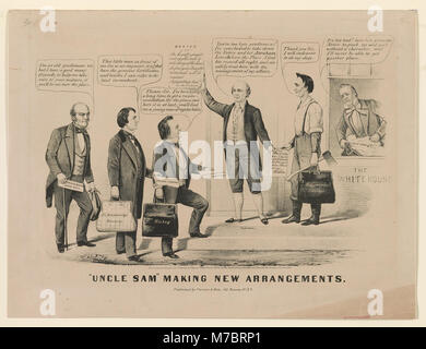 Dieses Bild zeigt „Onkel Sam“, der neue Arrangements trifft, eine symbolische Darstellung der amerikanischen Führung und politischen Veränderungen, die oft in politischen Karikaturen verwendet werden. Stockfoto