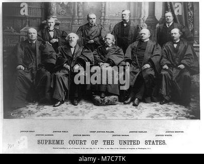 Dieses historische Foto zeigt die Richter des Obersten Gerichtshofs der USA im Jahr 1894, darunter die Richter Gray, Jackson, Field, Shiras, Harlan, Brewer, White und Chief Justice Fuller. Das Bild fängt einen entscheidenden Moment in der amerikanischen Rechtsgeschichte ein. Stockfoto