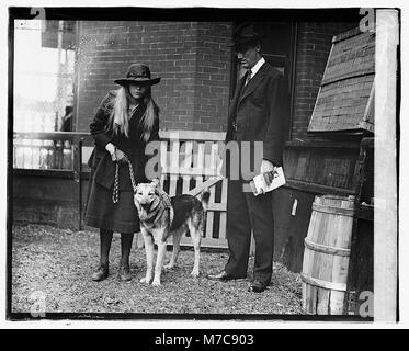 Dieses Foto aus dem Jahr 1920 fängt Franklin D. Roosevelt und seine Tochter bei einer Hundeshow ein und zeigt einen unbeschwerten Familienmoment während eines formellen gesellschaftlichen Ereignisses. Stockfoto
